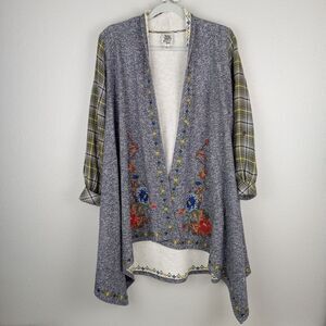 Ivy Jane Duster Embroidered Floral Gray Open Front Boho Artistic Kimono Size S
